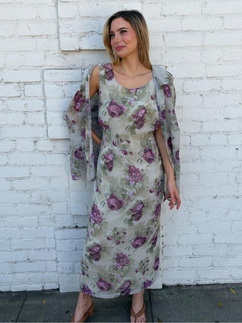 Vtg August Max 90s green & purple floral maxi dress w/ matching jacket sz 16W
